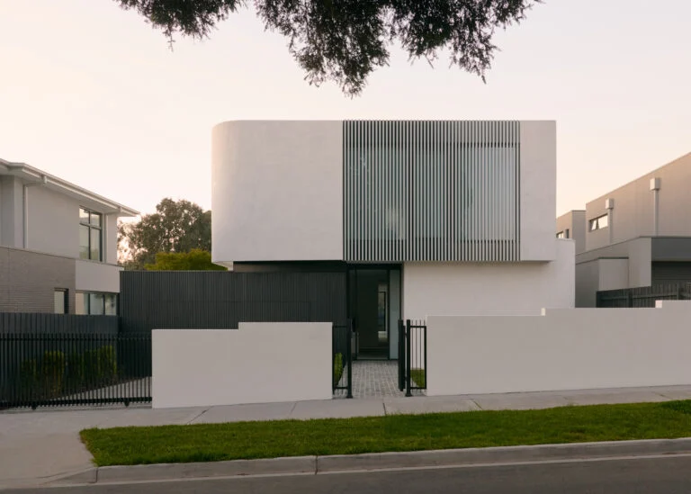 Closed street facade of Rowen House, Glen Iris, showing privacy-first architecture